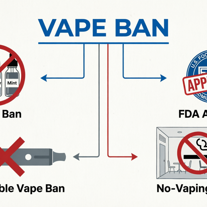 Infographic showing vape ban has four distinct meanings: flavor restrictions, FDA authorization requirements, disposable device bans, and indoor vaping prohibitions