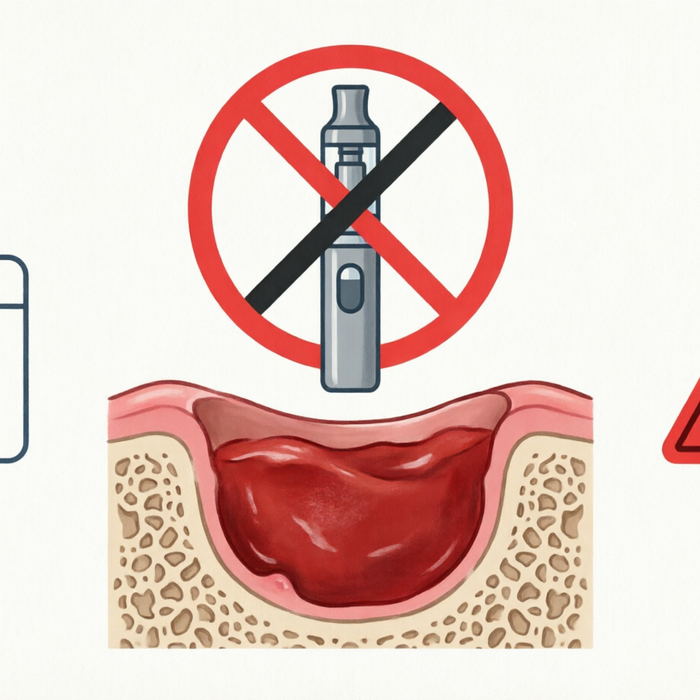 Medical illustration showing tooth extraction socket with protective blood clot, vape device with prohibition symbol, and 72 hour calendar icon indicating minimum waiting period before vaping after oral surgery