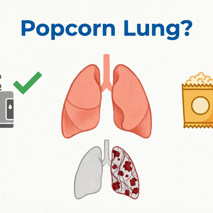 Infographic showing vape device with green checkmark, human lungs, and popcorn bag with question mark, comparing healthy lungs versus damaged lungs from bronchiolitis obliterans, illustrating the question of whether vaping causes popcorn lung