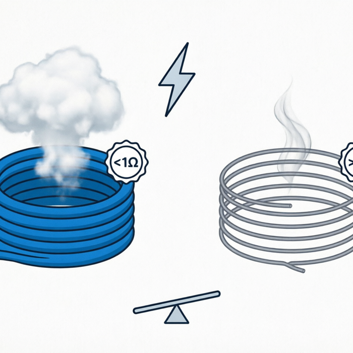 Infographic comparing sub-ohm coil under 1 ohm producing large vapor clouds with lightning bolt versus standard coil over 1 ohm producing less vapor, illustrating the core concept of sub-ohm vaping
