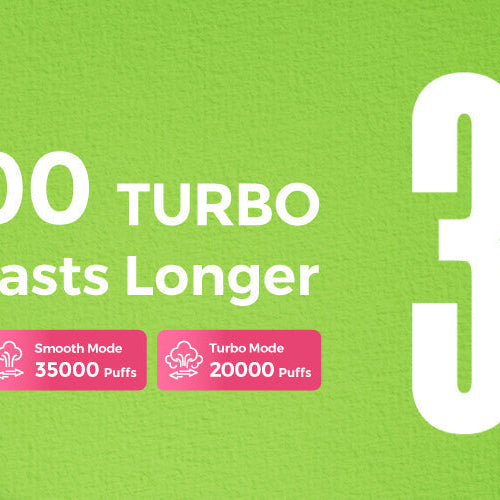 A promotional banner for the Lost Mary MT35000 Turbo, highlighting its features like 35000 puffs and fast charging