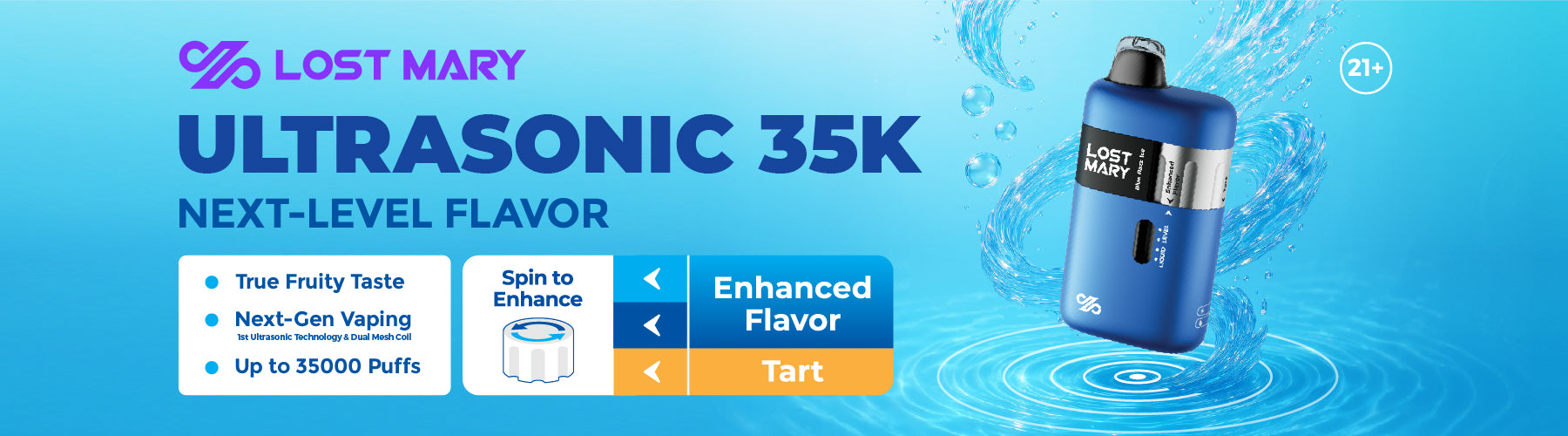 A promotional banner for the Lost Mary Ultrasonic 35K vape, highlighting its next-level flavor and up to 35,000 puffs