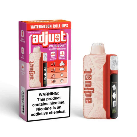 Adjust MySweet Watermelon Roll Ups vape, beige with pattern, sweetness and power display. Includes packaging.