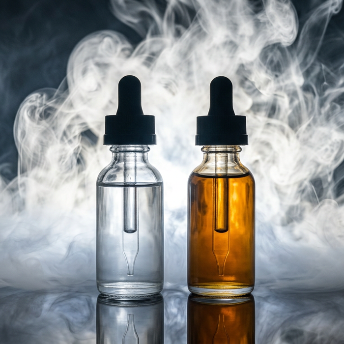 Two glass e-liquid dropper bottles with clear and amber juice standing amidst thick white vapor on a dark surface