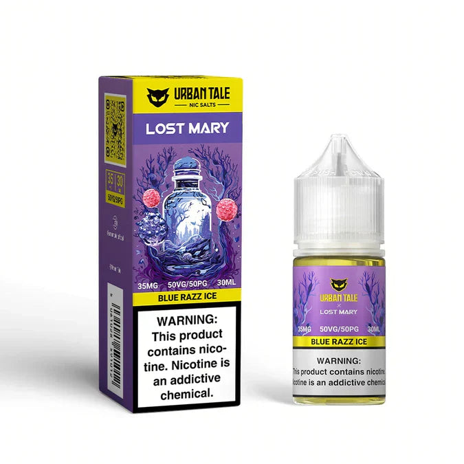 Urban Tale x Lost Mary Blue Razz Ice 30ml nic salt e-liquid bottle and box, 35mg, 50VG/50PG.