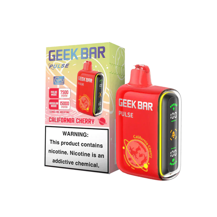 Red Geek Bar Pulse 15K disposable device, California Cherry flavor, 15000 puffs, digital display.