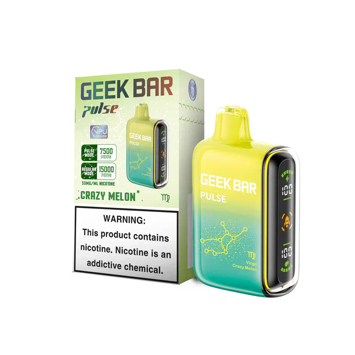 Geek Bar Pulse 15K disposable vape, Crazy Melon flavor, showing 15000 & 7500 puff modes.