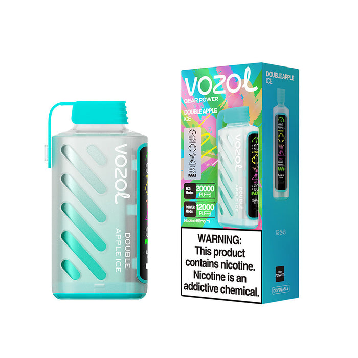 VOZOL Gear Power disposable vape, Double Apple Ice flavor, 20000 puffs, with smart LED display and packaging.