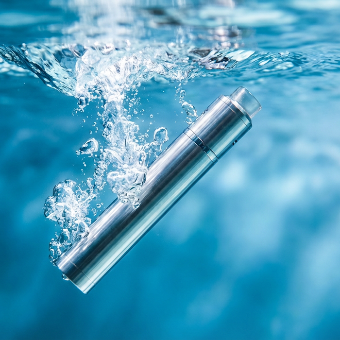 Generic disposable vape device submerged in clear blue water with bubbles, representing accidental water damage