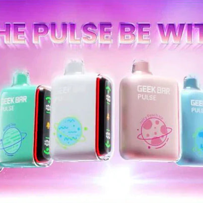 A promotional banner for Geek Bar Pulse vapes with the tagline "May the Pulse Be With You" showing various colorful devices