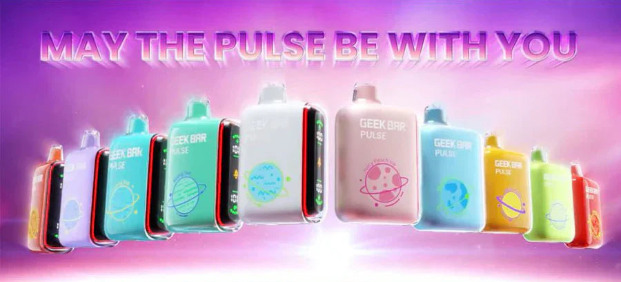 A promotional banner for Geek Bar Pulse vapes with the tagline "May the Pulse Be With You" showing various colorful devices