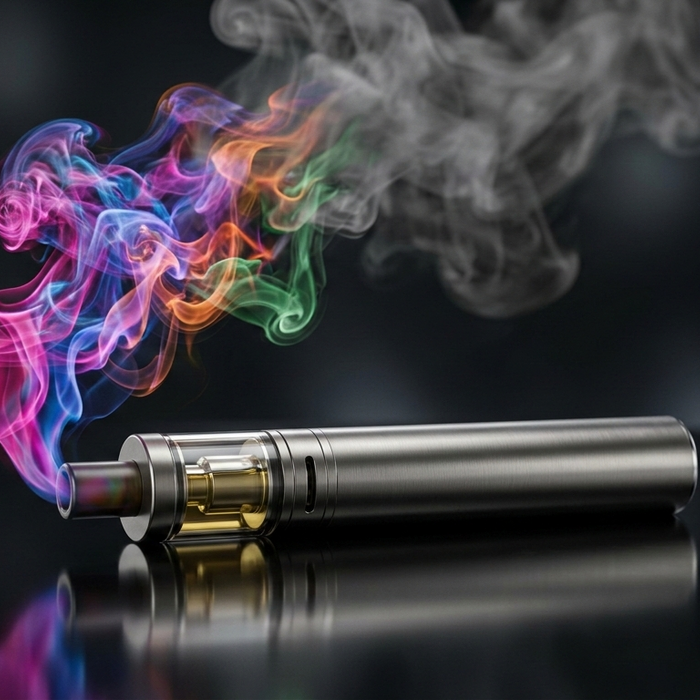 Silver vape pen on a dark reflective surface emitting colorful pink, blue, and green smoke