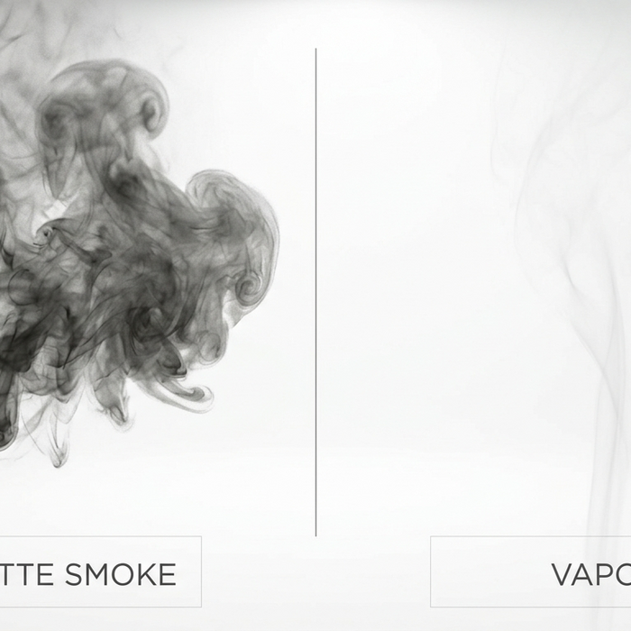 Split image comparing thick dark cigarette smoke on the left with thin clear vapor on the right