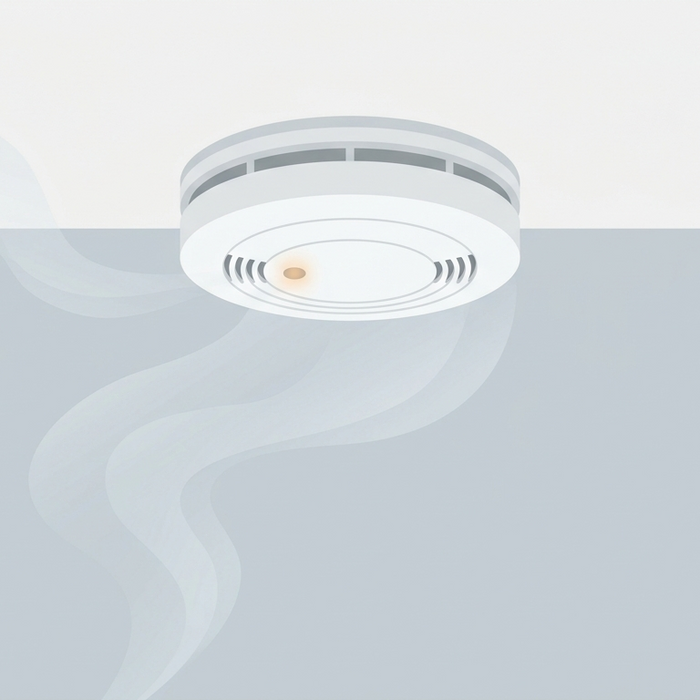 A white circular smoke detector mounted on a ceiling with grey smoke wafting towards it