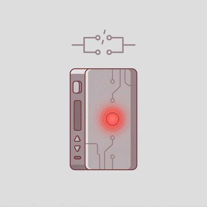 A vape device with a glowing red warning light, positioned below a broken electrical circuit symbol indicating a fault