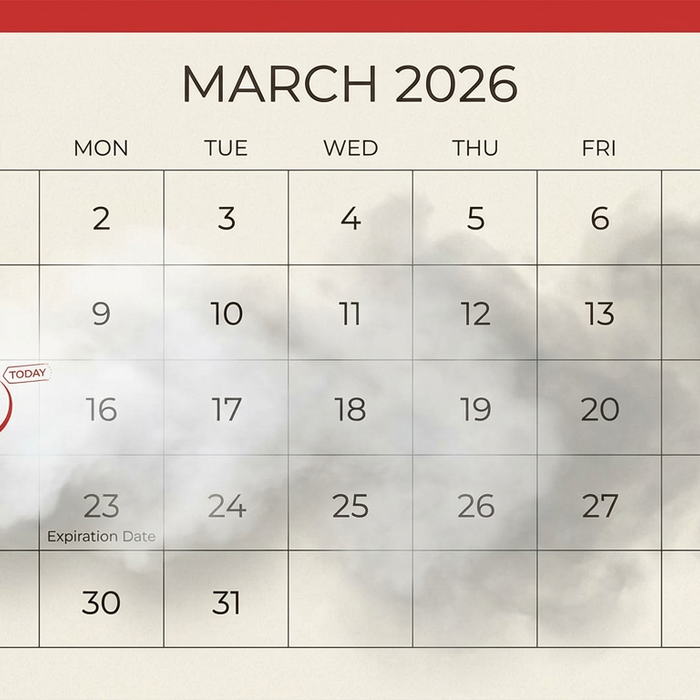 March 2026 calendar with vape clouds, marking March 15 as Today and an Expiration Date on March 23