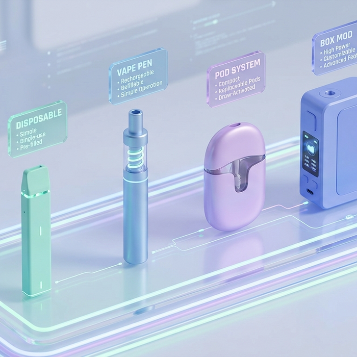 showing four abstract tech devices representing disposable, pen, pod, and mod vapes