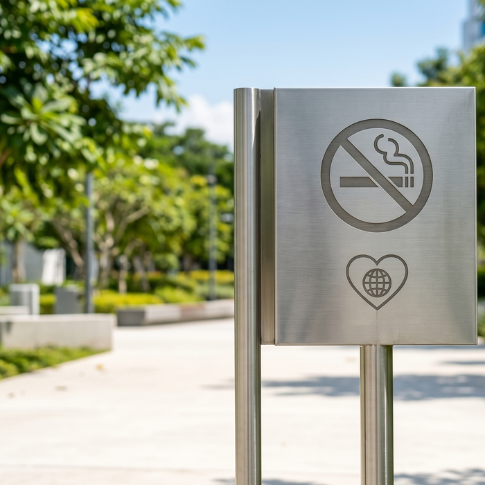 Minimalist public park signpost with universal icons for vaping rules and respecting shared outdoor air quality