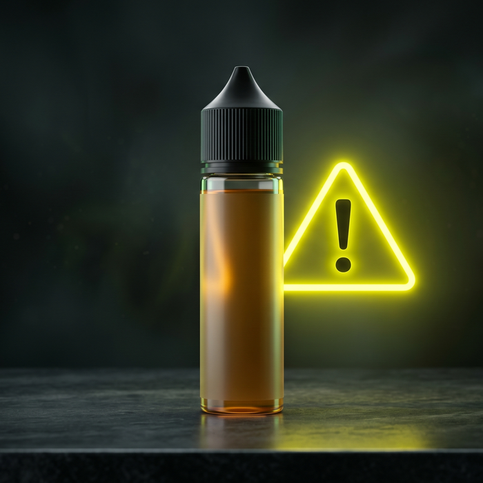 an e-liquid bottle and a glowing warning triangle, representing nicotine safety and overdose risks