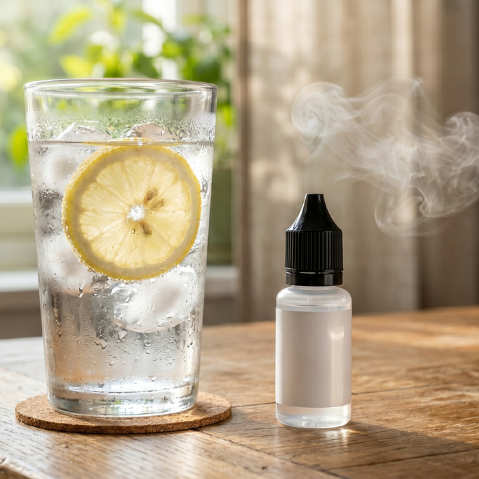 Iced water and an e-liquid bottle on a desk, showing how to stay hydrated and avoid dry mouth while vaping