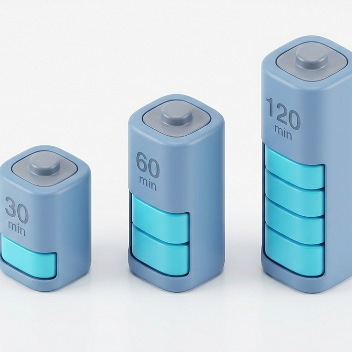 3D battery icons in small, medium, and large sizes with 30, 60, and 120-minute charging time labels