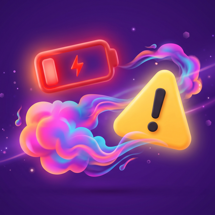 a low battery icon and colorful smoke, representing the relatable humor of daily vaping struggles