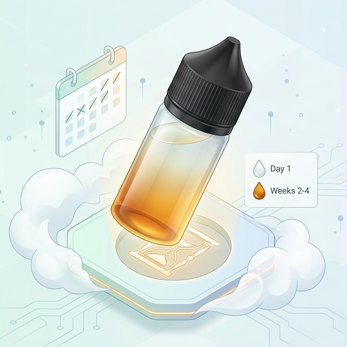 an vape juice bottle changing color over time, surrounded by soft vapor clouds to represent steeping