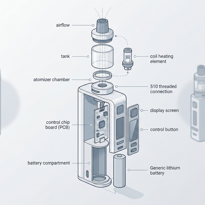 the main components of a vape mod, tank, coil, battery, and pod system
