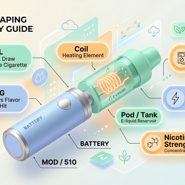 vape components and terminology text bubbles for a beginner's guide