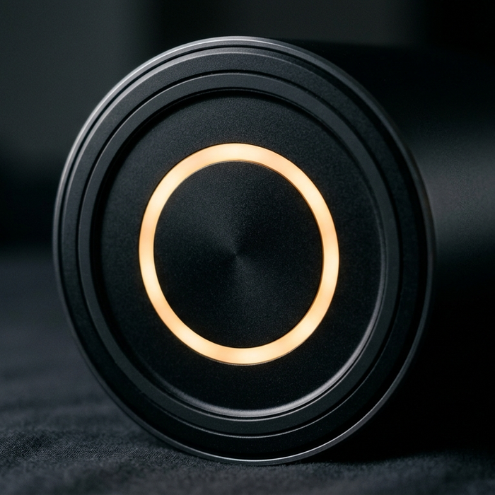 Macro shot of a disposable vape base with a glowing LED light ring indicator for battery status signals