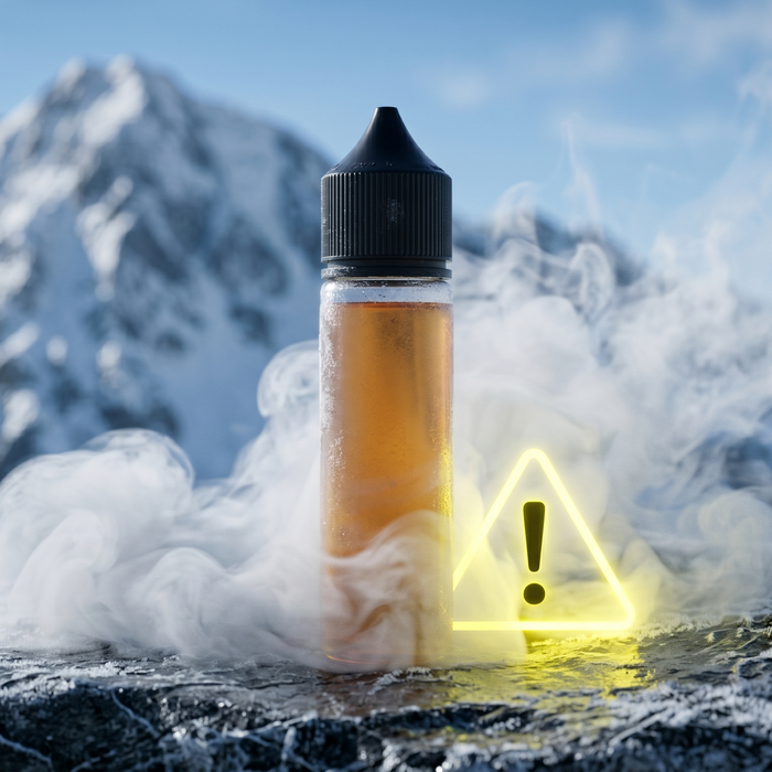 Realistic e-liquid bottle and vapor on a snowy mountain, illustrating high altitude and cold weather vaping