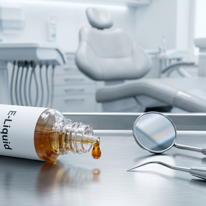 Dental tools and a glass e-liquid dropper on a clinic tray illustrating how dentists identify vaping signs