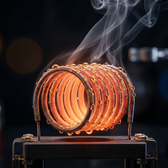 a glowing heating coil with liquid droplets and rising vapor, illustrating normal vape crackling sounds