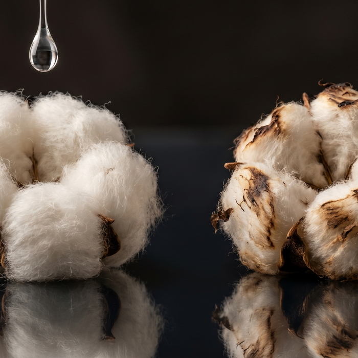 Realistic still life of clean and scorched cotton, illustrating the difference between dry and burnt vape hits