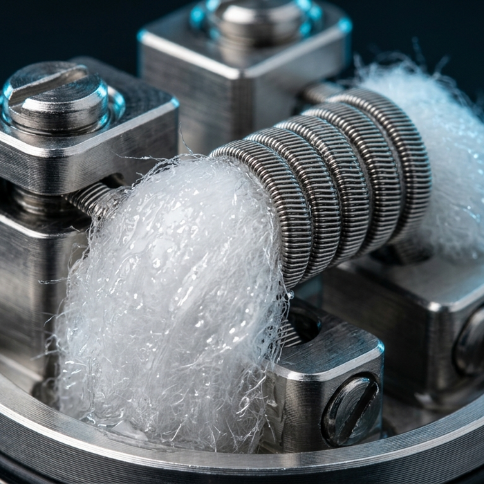 Close-up of a vape atomizer coil wrapped with white cotton wick inside a metal rebuildable deck