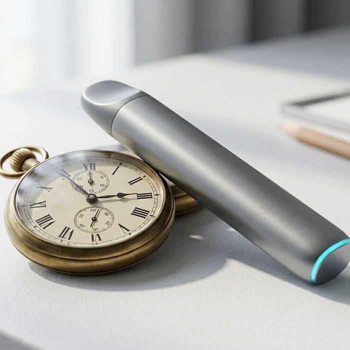 A generic disposable vape device on a desk next to a stopwatch showing a quick 5-minute fix, associating with easy troubleshooting