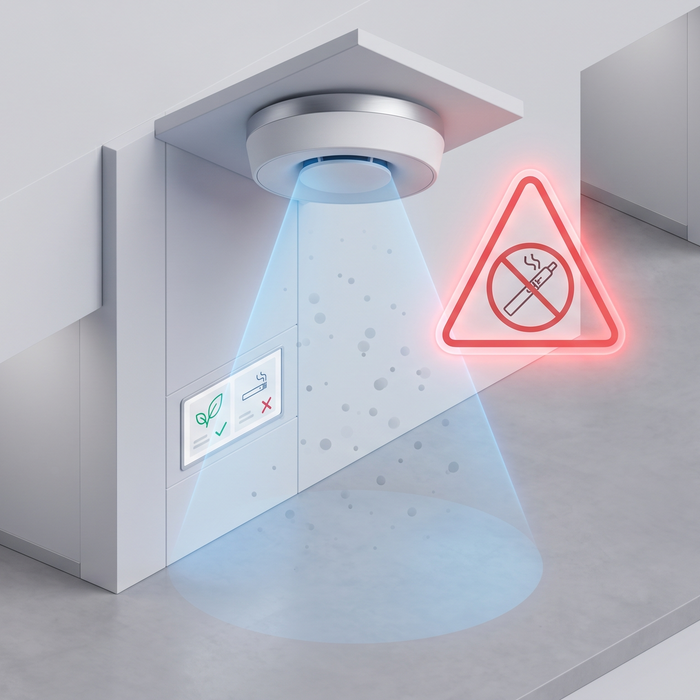 a smart air sensor and warning alert, highlighting strict indoor vaping rules and detection