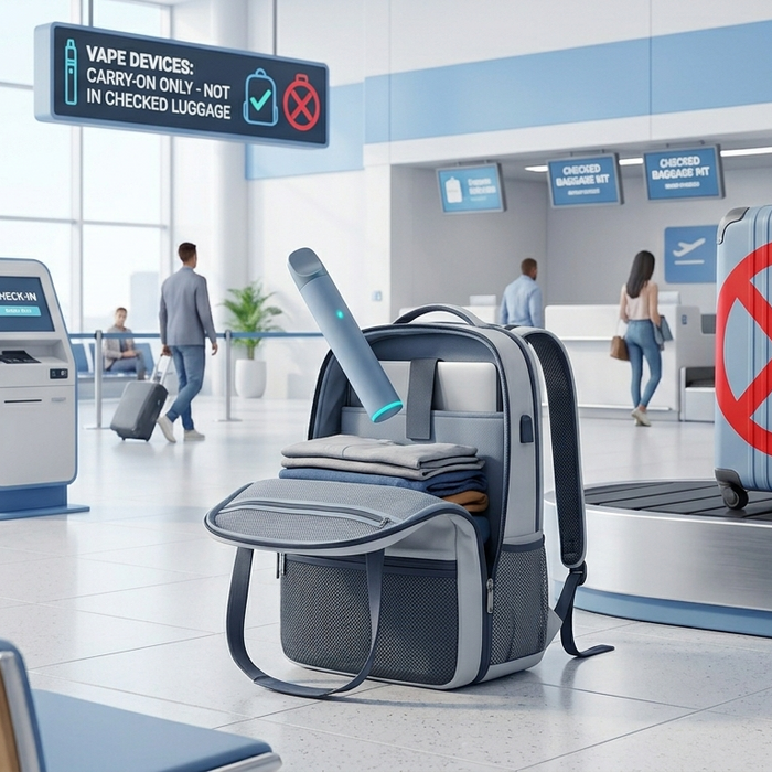 Generic vape device in a carry-on bag with a red X over a checked luggage icon, indicating travel rules