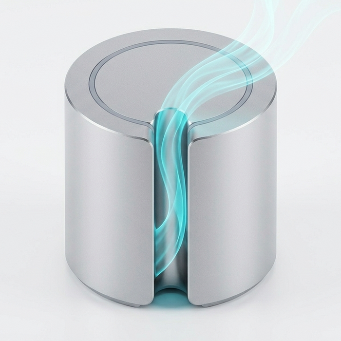 Minimalist 3D render of smooth cyan air currents flowing through a clear tube, symbolizing clear vape airflow path