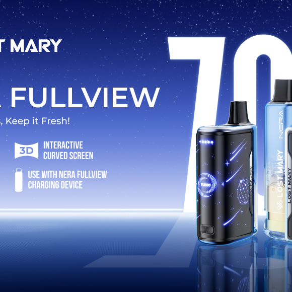 A promotional banner for the Lost Mary Nera Fullview vape, highlighting its features like a visible e-liquid level