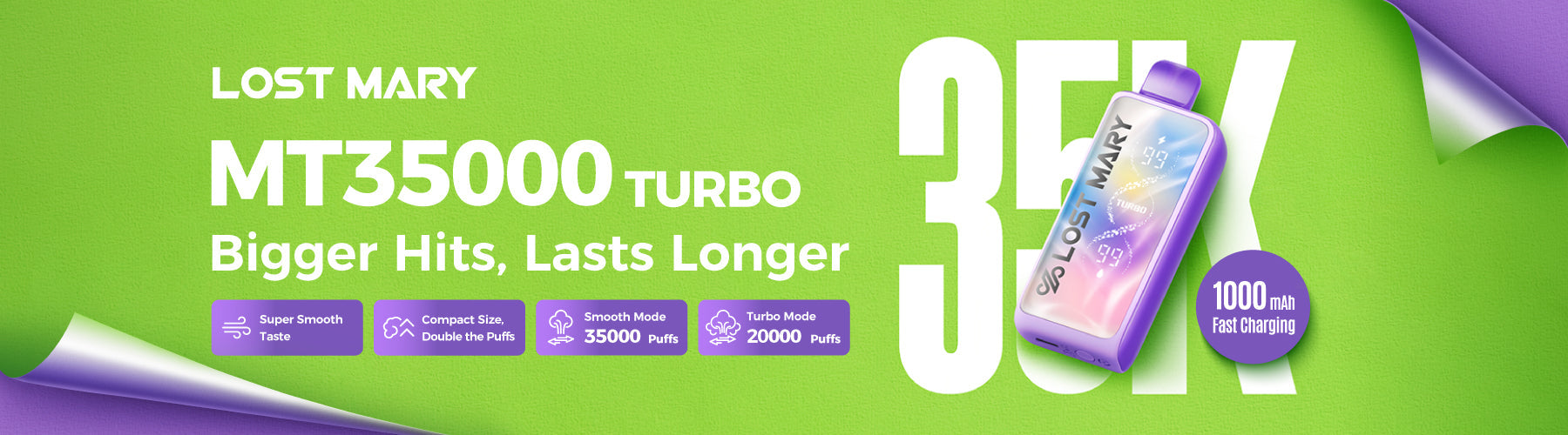 A green and purple promotional banner for the Lost Mary MT35000 Turbo, highlighting its features and puff modes