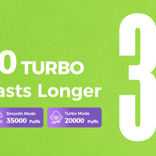 A green and purple promotional banner for the Lost Mary MT35000 Turbo, highlighting its features and puff modes