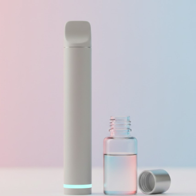 Generic disposable vape pen standing next to an open bottle of e-liquid, illustrating the concept of refilling vape devices.