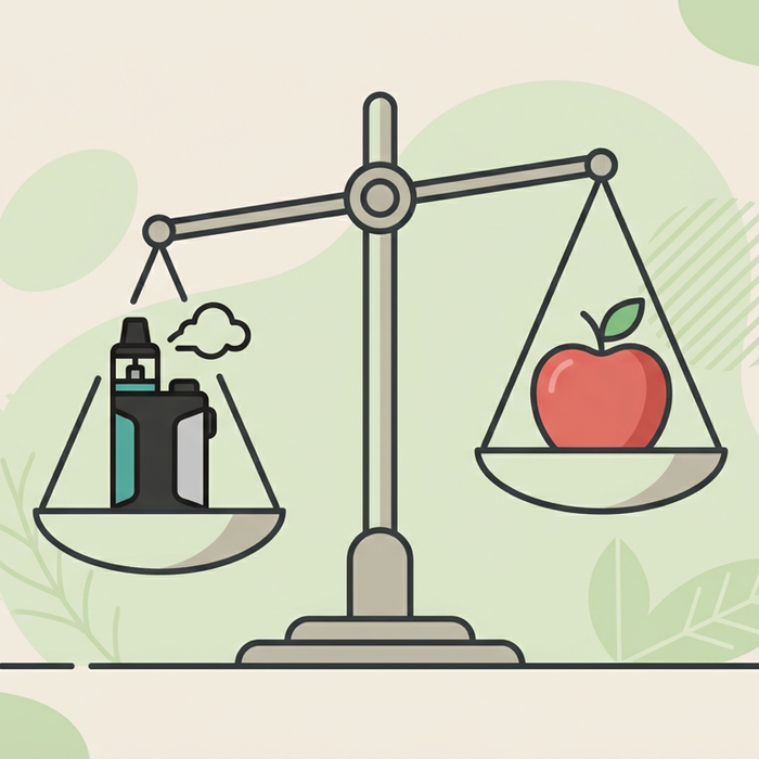 Conceptual illustration of a balance scale weighing a vape device against a fresh red apple