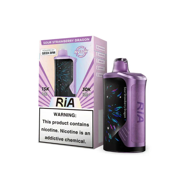 Purple RIA NV30K Sour Strawberry Dragon disposable device, 30,000 puffs, Geek Bar