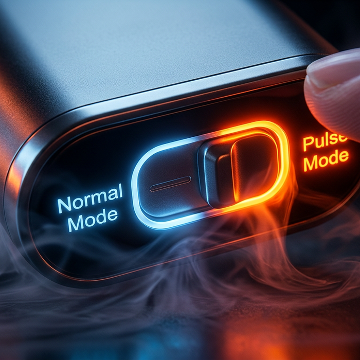 Close-up of finger toggling a vape switch from blue Normal Mode to glowing orange Pulse Mode