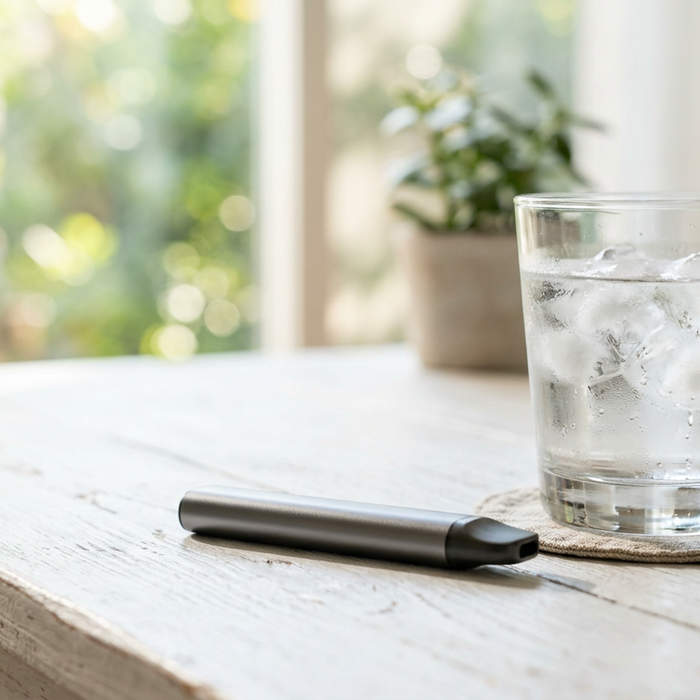 Grey vape pen lying on a wooden table next to a glass of ice water with a bright window background
