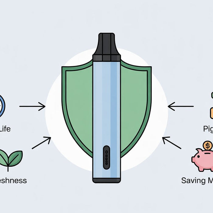 A graphic illustrating the benefits of mindful vaping: Longer Life, Freshness, and Saving Money, symbolized by various icons