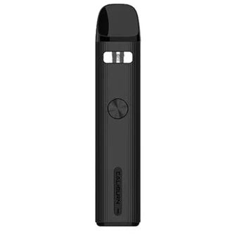 Black UWELL Caliburn G2 pod kit with ribbed texture and circular button, displayed upright on a white background.