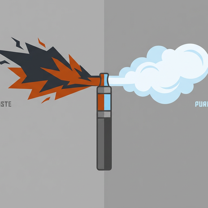 Split illustration showing a vape pen emitting jagged smoke for 'burnt taste' versus smooth clouds for 'pure experience'.